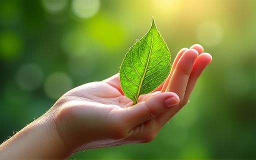 Hand holding a leaf with a water droplet, symbolizing eco-friendly practices.